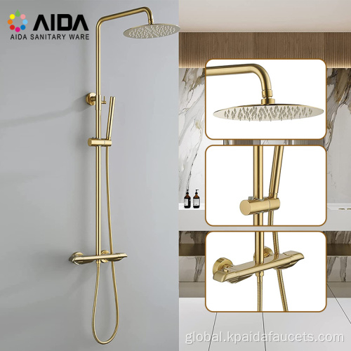 Exposed shower set Handheld Round Brass Rain Thermostatic Washroom Shower Head Set Bathroom Gold Shower Faucet and Fixtures Manufactory